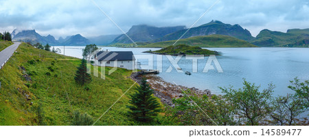 Summer cloudy sea coast panorama (Norway, Lofoten). 14589477