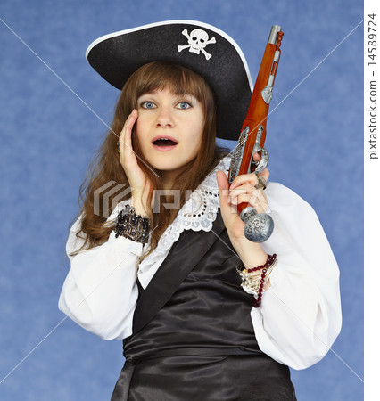 Scared woman - sea pirate on blue background with pistol 14589724