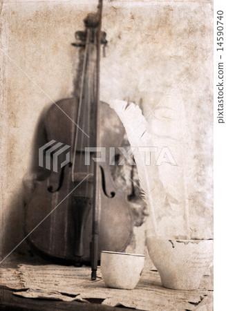 artwork  in retro style, cup of coffee and violin 14590740