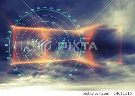 Modern radar digital screen above dark sky Modern radar digital screen above dark sky 14611116