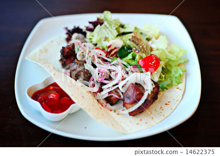 salad on a plate with sauce, meat and greens salad on a plate with sauce, meat and greens 14622375