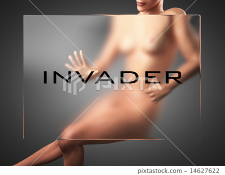 invader word on glass and woman 14627622