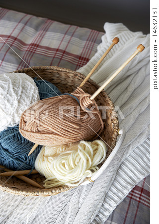 Knitting tools basket on bed,close up 14632131