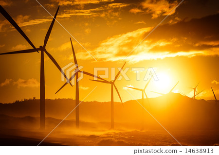 Stock Photo: Wind turbine silhouettes at ocean coastline