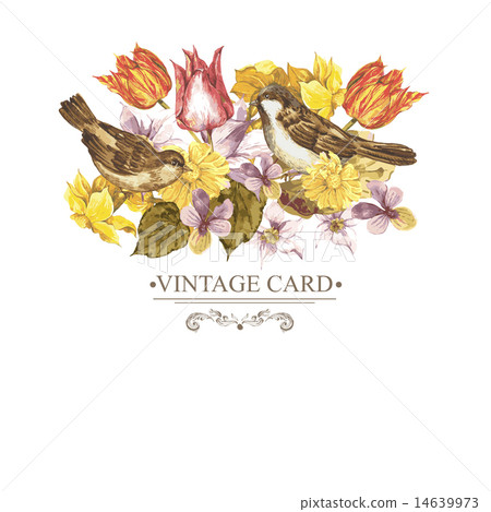 Spring Floral Retro Card with Bird Sparrows Spring Floral Retro Card with Bird Sparrows 14639973
