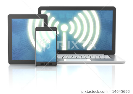 Smartphone, tablet and laptop wireless connection, 3d render 14645693