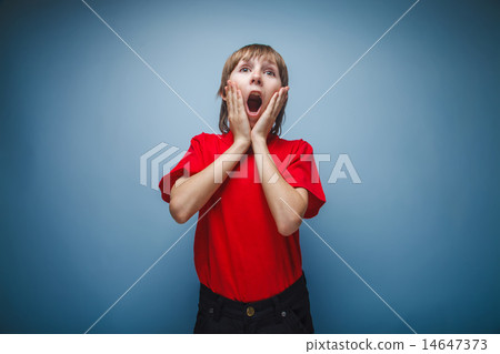 teenager boy opened his mouth European appearance screams kept h 14647373