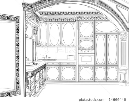 Sketch of classic kitchen with carved facade Sketch of classic kitchen with carved facade 14666446