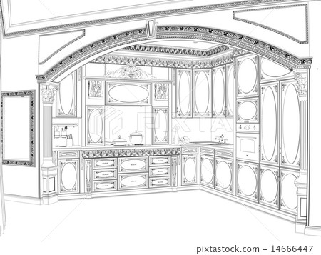 Sketch of classic kitchen with carved facade Sketch of classic kitchen with carved facade 14666447