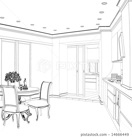 3d sketch of kitchen interior with dinig area 3d sketch of kitchen interior with dinig area 14666449