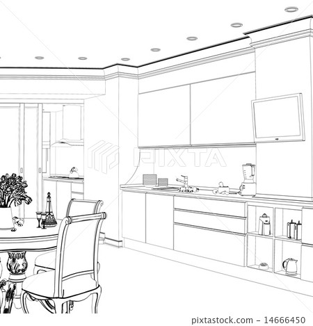 3d sketch of kitchen interior with dinig area 3d sketch of kitchen interior with dinig area 14666450