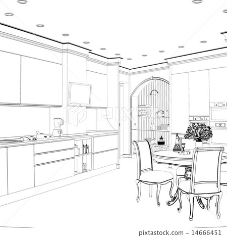 3d sketch of kitchen interior with dinig area 3d sketch of kitchen interior with dinig area 14666451
