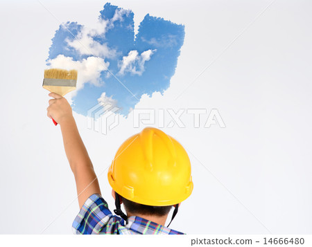 young child boy painting blue sky over white wall 14666480