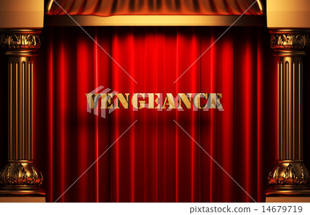 vengeance golden word on red curtain 14679719