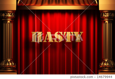 hasty golden word on red curtain 14679944