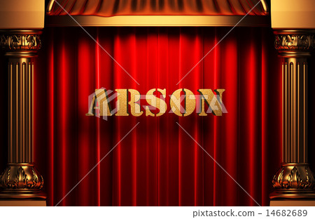 arson golden word on red curtain 14682689