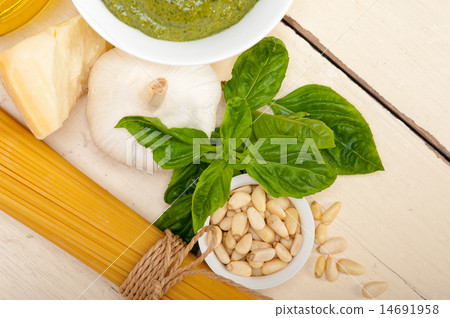 Italian traditional basil pesto pasta ingredients Italian traditional basil pesto pasta ingredients 14691958