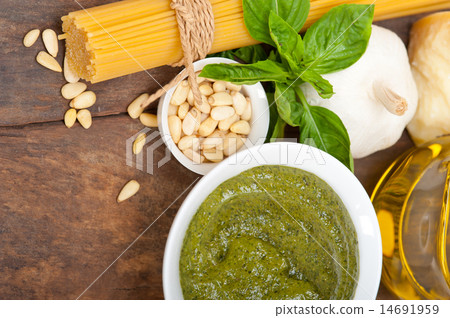 Italian traditional basil pesto pasta ingredients Italian traditional basil pesto pasta ingredients 14691959
