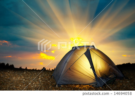 Illuminated yellow camping tent 14694058