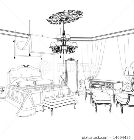 Sketch Of Retro Bedroom Interior Design Stock Illustration 14694455 Pixta