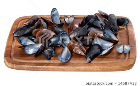 Shells of mussels on wooden board Shells of mussels on wooden board 14697418