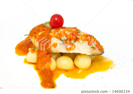 baked fish with potatoes in tomato sauce baked fish with potatoes in tomato sauce 14698134