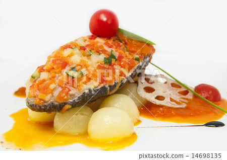 baked fish with potatoes in tomato sauce baked fish with potatoes in tomato sauce 14698135
