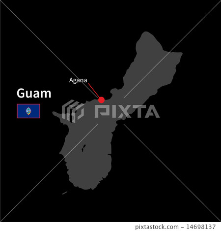 Detailed map of Guam and capital city Agana with flag on black background Detailed map of Guam and capital city Agana with flag on black background 14698137