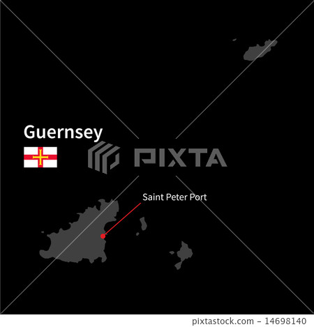 Detailed map of Guernsey and capital city Saint Peter Port with flag on black background Detailed map of Guernsey and capital city Saint Peter Port with flag on black background 14698140