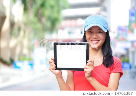 young asian woman hold blank digital tablet  14701397
