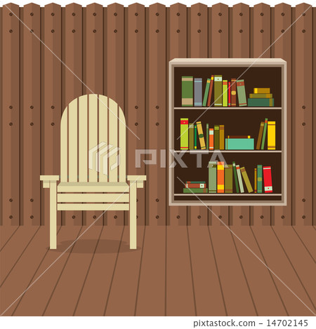 Chair On Wood Wall And Ground With Bookcase Beside 14702145