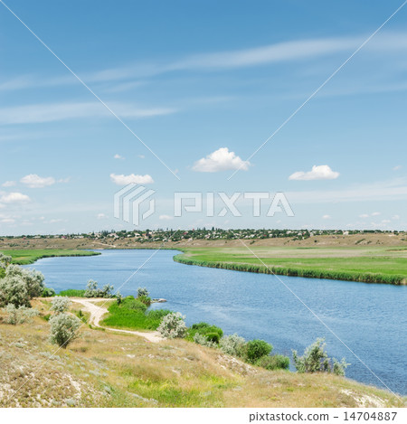 river under blue sky with clouds 14704887