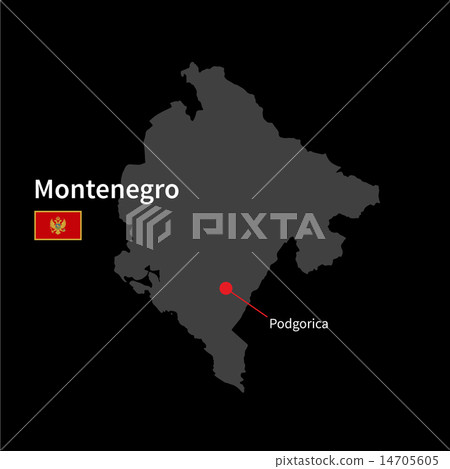 Detailed map of Montenegro and capital city Podgorica with flag on black background 14705605