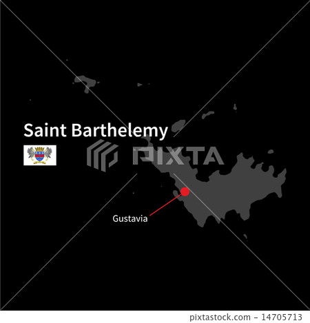 Detailed map of Saint Barthelemy and capital city Gustavia with flag on black background Detailed map of Saint Barthelemy and capital city Gustavia with flag on black background 14705713