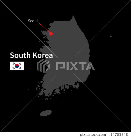 Detailed map of South Korea and capital city Seoul with flag on black background Detailed map of South Korea and capital city Seoul with flag on black background 14705848