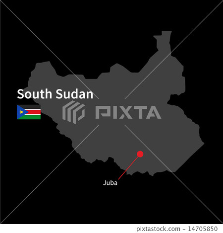 Detailed map of South Sudan and capital city Juba with flag on black background Detailed map of South Sudan and capital city Juba with flag on black background 14705850