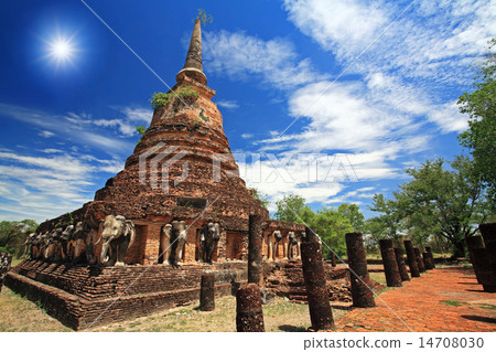 Elephant statues around pagoda against sunbeam 14708030