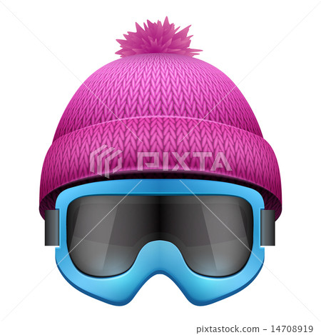 Knitted woolen cap with snow goggles. Winter seasonal sport hat.  14708919