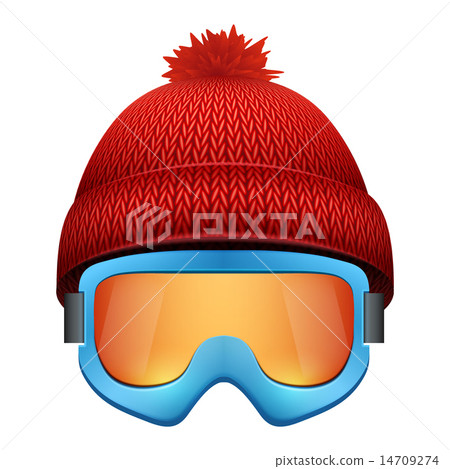 Knitted woolen cap with snow goggles. Winter seasonal sport hat.  14709274