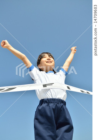 Girls running in the blue sky (gym clothes, goal tape) 14709683