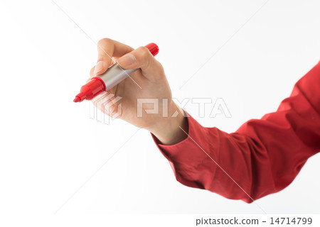 A young lady who performs "air graffiti" with a red signature pen 14714799