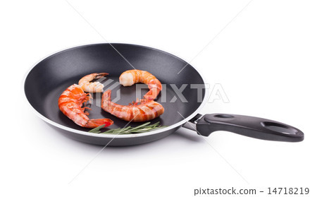 Raw shrimps on pan. 14718219