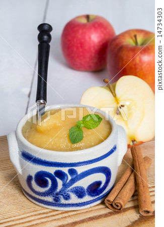 Applesauce with cinnamon in stoneware bowl Applesauce with cinnamon in stoneware bowl 14734303