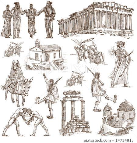 Greece travel - An hand drawn pack on white 14734913