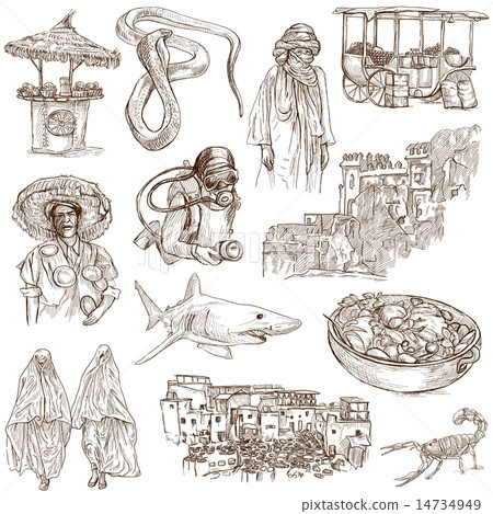 Morocco travel - An hand drawn pack on white Morocco travel - An hand drawn pack on white 14734949