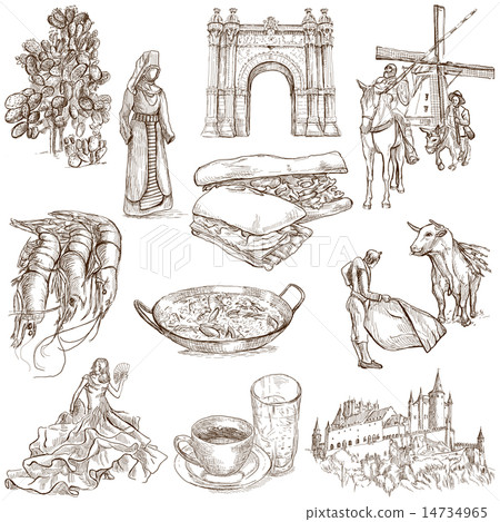 Spain travel - An hand drawn pack on white 14734965
