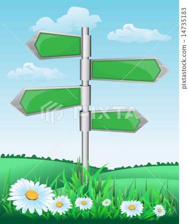 signpost on the meadow with flowers signpost on the meadow with flowers 14735183