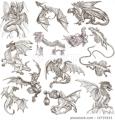 Dragons. Hand drawn freehand sketches on white Dragons. Hand drawn freehand sketches on white 14735833