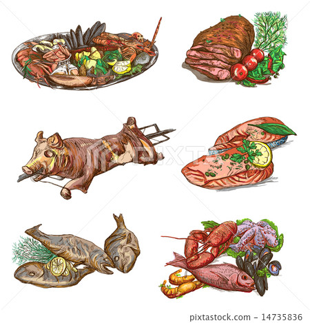 Food around the World. Colored drawings on white. Food around the World. Colored drawings on white. 14735836