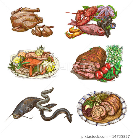 Food around the World. Colored drawings on white. 14735837
